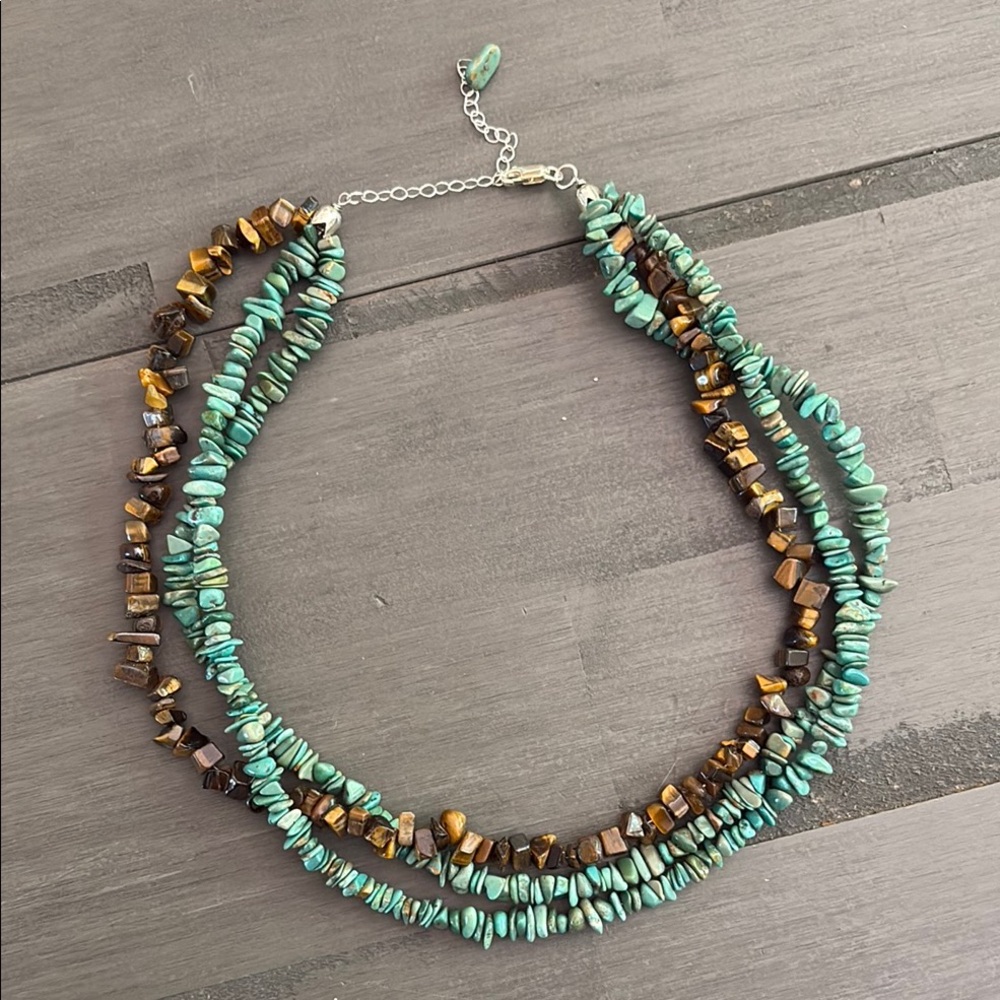 Turquoise~Blue and Amber~Brown Beaded Necklace